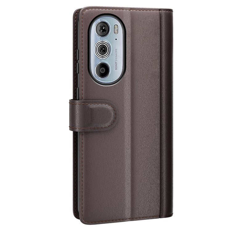 For Motorola Edge 30 Pro Phone Wallet Case Split Genuine Leather Stand Function Magnetic Flip Cover - Brown