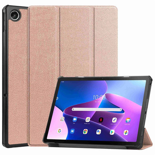 For Lenovo Tab M10 Plus (3rd Gen) PU Leather Trifold Stand Case Auto Sleep / Wake Tablet Full Protection Cover - Rose Gold