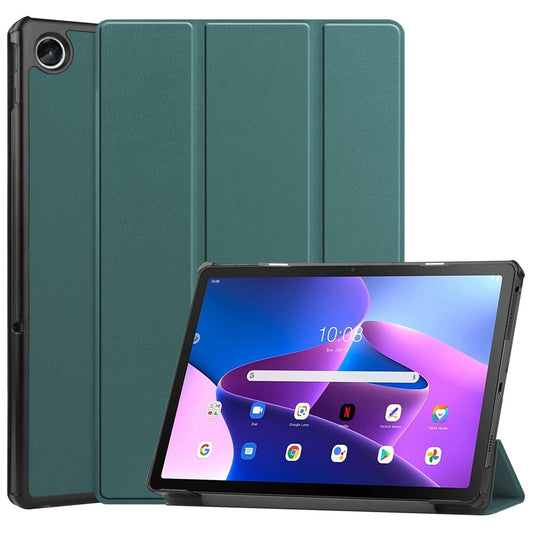 For Lenovo Tab M10 Plus (3rd Gen) PU Leather Trifold Stand Case Auto Sleep / Wake Tablet Full Protection Cover - Blackish Green