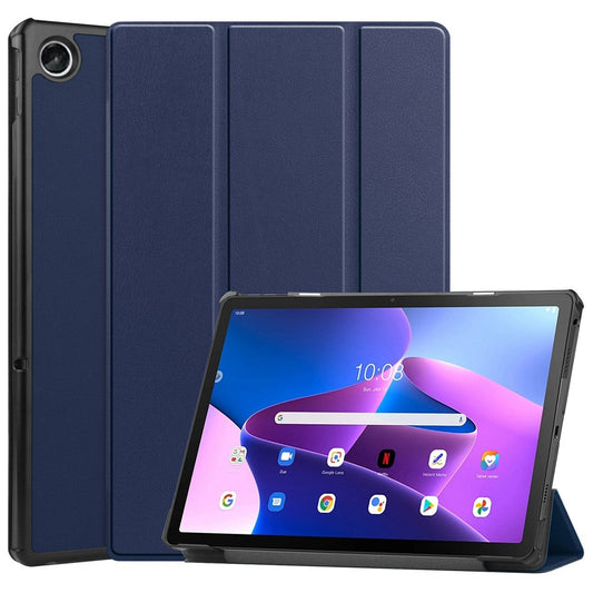 For Lenovo Tab M10 Plus (3rd Gen) PU Leather Trifold Stand Case Auto Sleep / Wake Tablet Full Protection Cover - Dark Blue