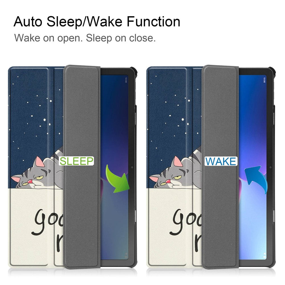 For Lenovo Tab M10 Plus (3rd Gen) Pattern Printing Tri-Fold Stand PU Leather Tablet Case with Auto Sleep / Wake - Cat