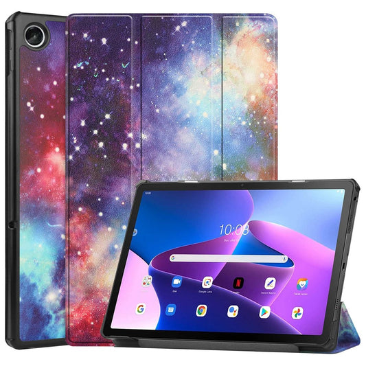 For Lenovo Tab M10 Plus (3rd Gen) Pattern Printing Tri-Fold Stand PU Leather Tablet Case with Auto Sleep / Wake - Nebula