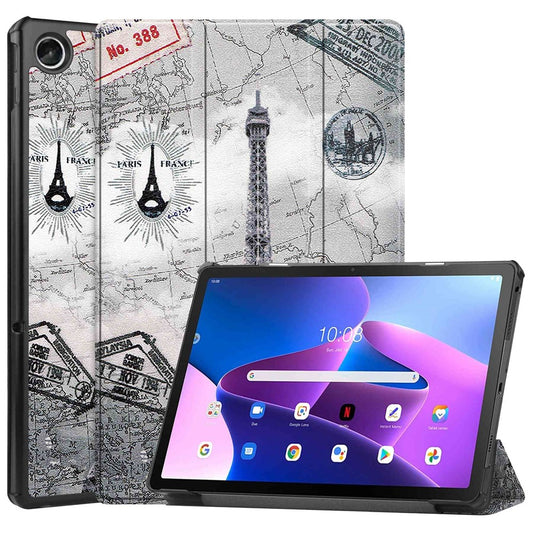 For Lenovo Tab M10 Plus (3rd Gen) Pattern Printing Tri-Fold Stand PU Leather Tablet Case with Auto Sleep / Wake - Tower