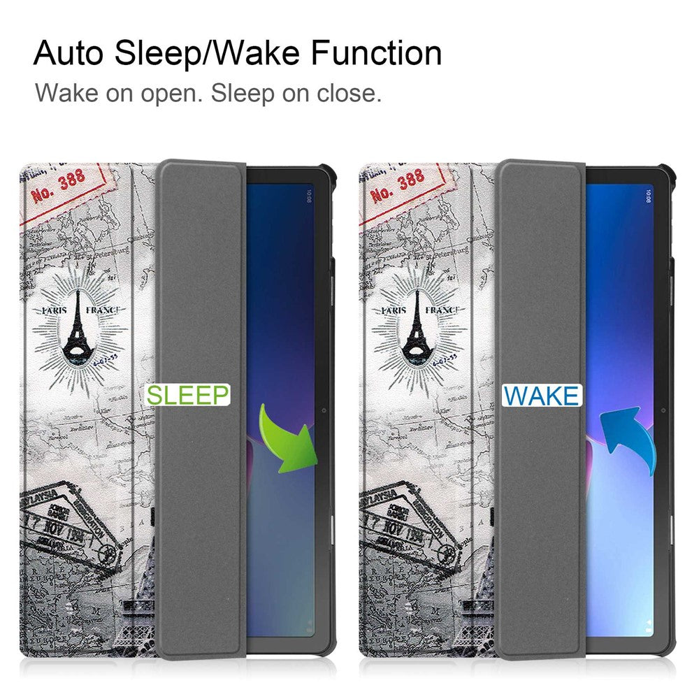 For Lenovo Tab M10 Plus (3rd Gen) Pattern Printing Tri-Fold Stand PU Leather Tablet Case with Auto Sleep / Wake - Tower