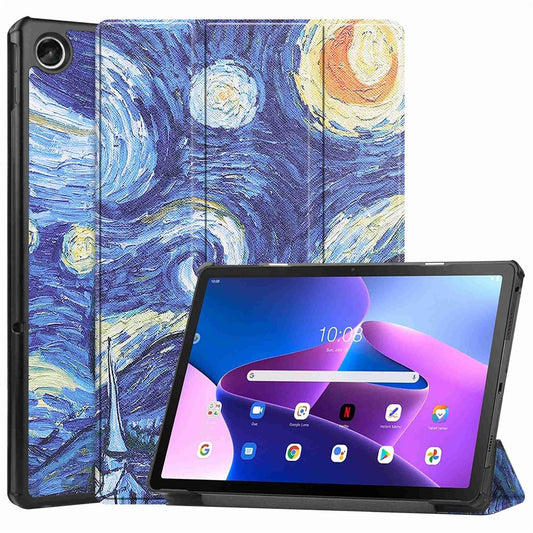 For Lenovo Tab M10 Plus (3rd Gen) Pattern Printing Tri-Fold Stand PU Leather Tablet Case with Auto Sleep / Wake - Starry Night