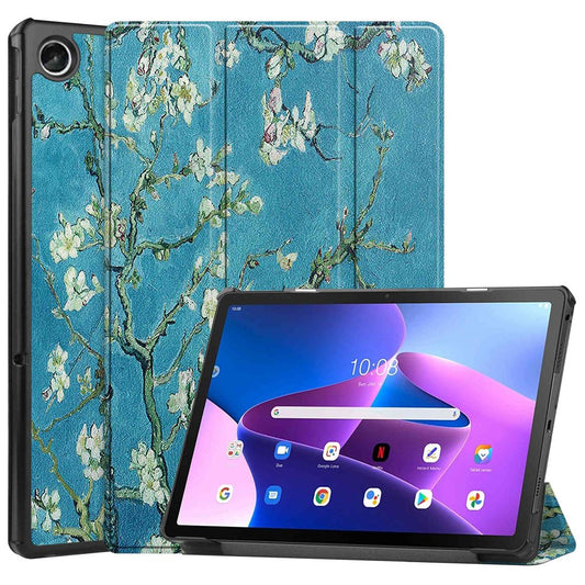 For Lenovo Tab M10 Plus (3rd Gen) Pattern Printing Tri-Fold Stand PU Leather Tablet Case with Auto Sleep / Wake - Apricot Blossom