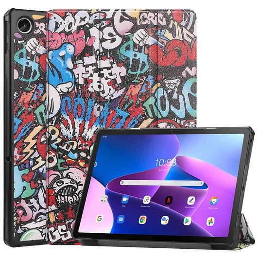 For Lenovo Tab M10 Plus (3rd Gen) Pattern Printing Tri-Fold Stand PU Leather Tablet Case with Auto Sleep / Wake - Graffiti