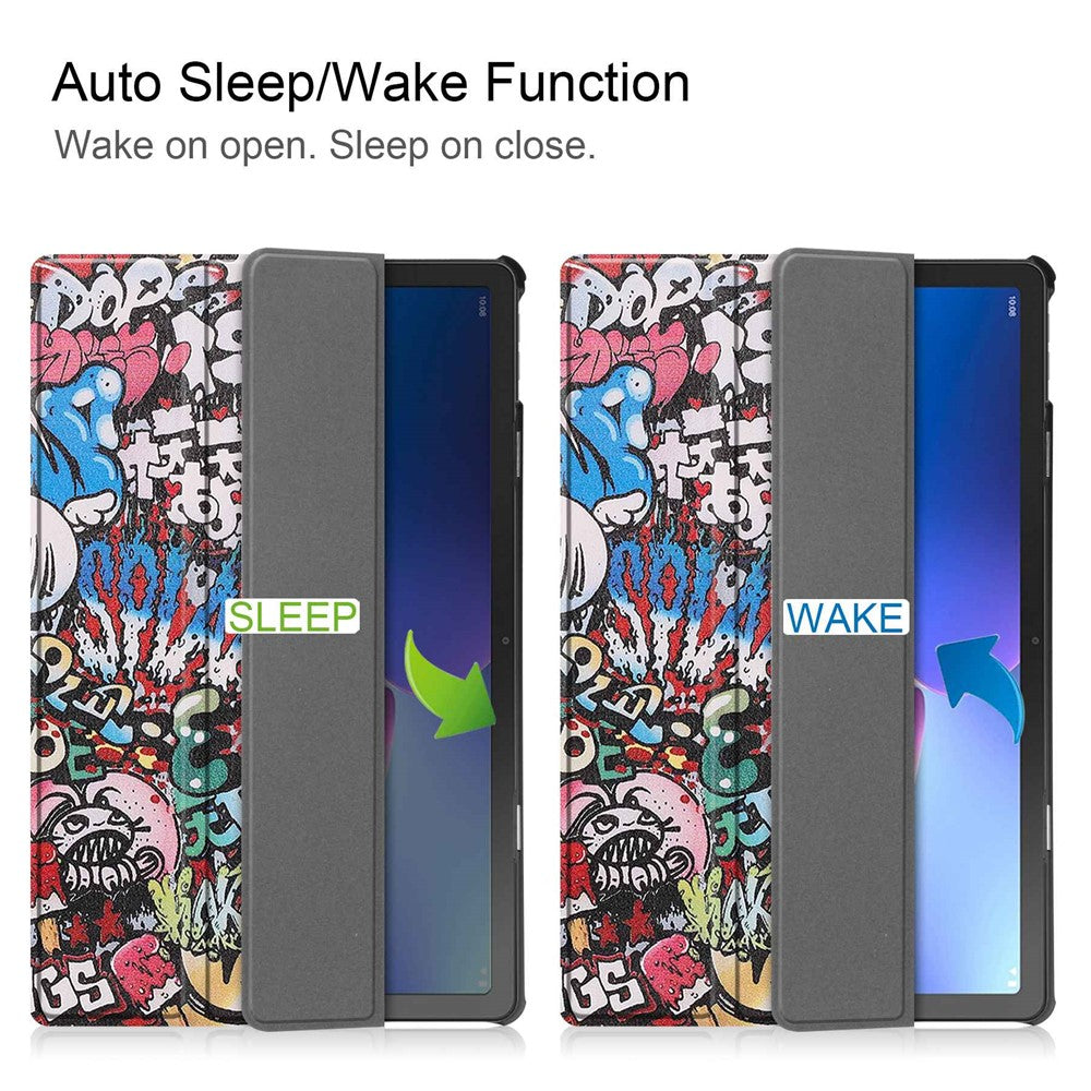 For Lenovo Tab M10 Plus (3rd Gen) Pattern Printing Tri-Fold Stand PU Leather Tablet Case with Auto Sleep / Wake - Graffiti