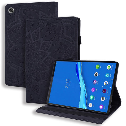 For Lenovo Tab M10 Plus (3rd Gen) Imprinted Flower Pattern Tablet Case PU Leather Card Slot Stand Shell with Pencil Loop - Black
