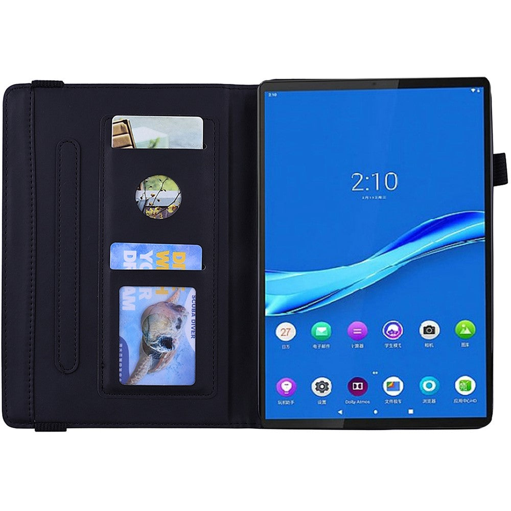 For Lenovo Tab M10 Plus (3rd Gen) Imprinted Flower Pattern Tablet Case PU Leather Card Slot Stand Shell with Pencil Loop - Black