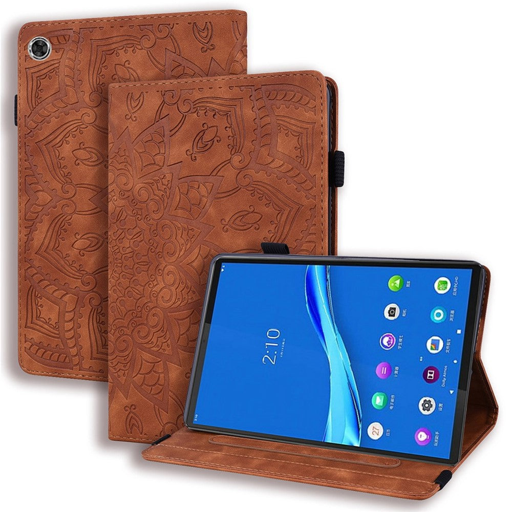 For Lenovo Tab M10 Plus (3rd Gen) Imprinted Flower Pattern Tablet Case PU Leather Card Slot Stand Shell with Pencil Loop - Brown