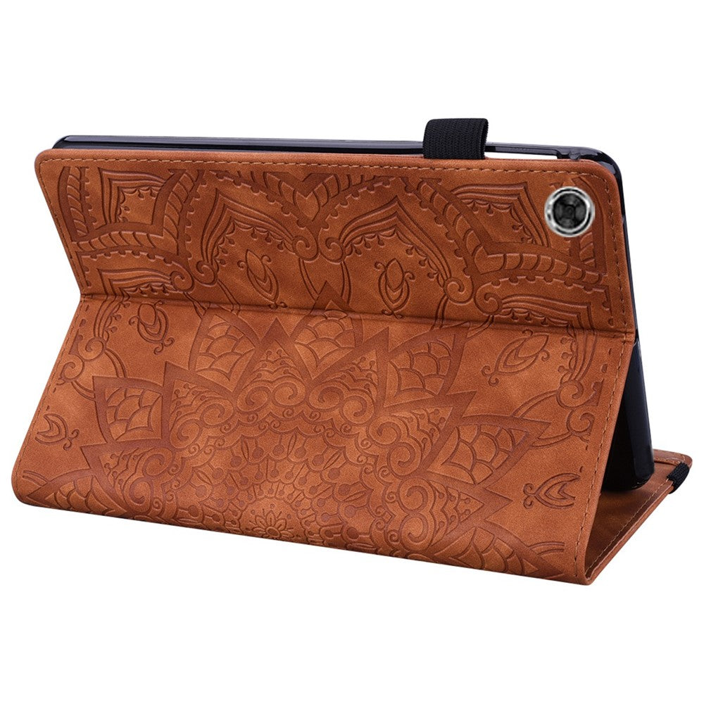 For Lenovo Tab M10 Plus (3rd Gen) Imprinted Flower Pattern Tablet Case PU Leather Card Slot Stand Shell with Pencil Loop - Brown