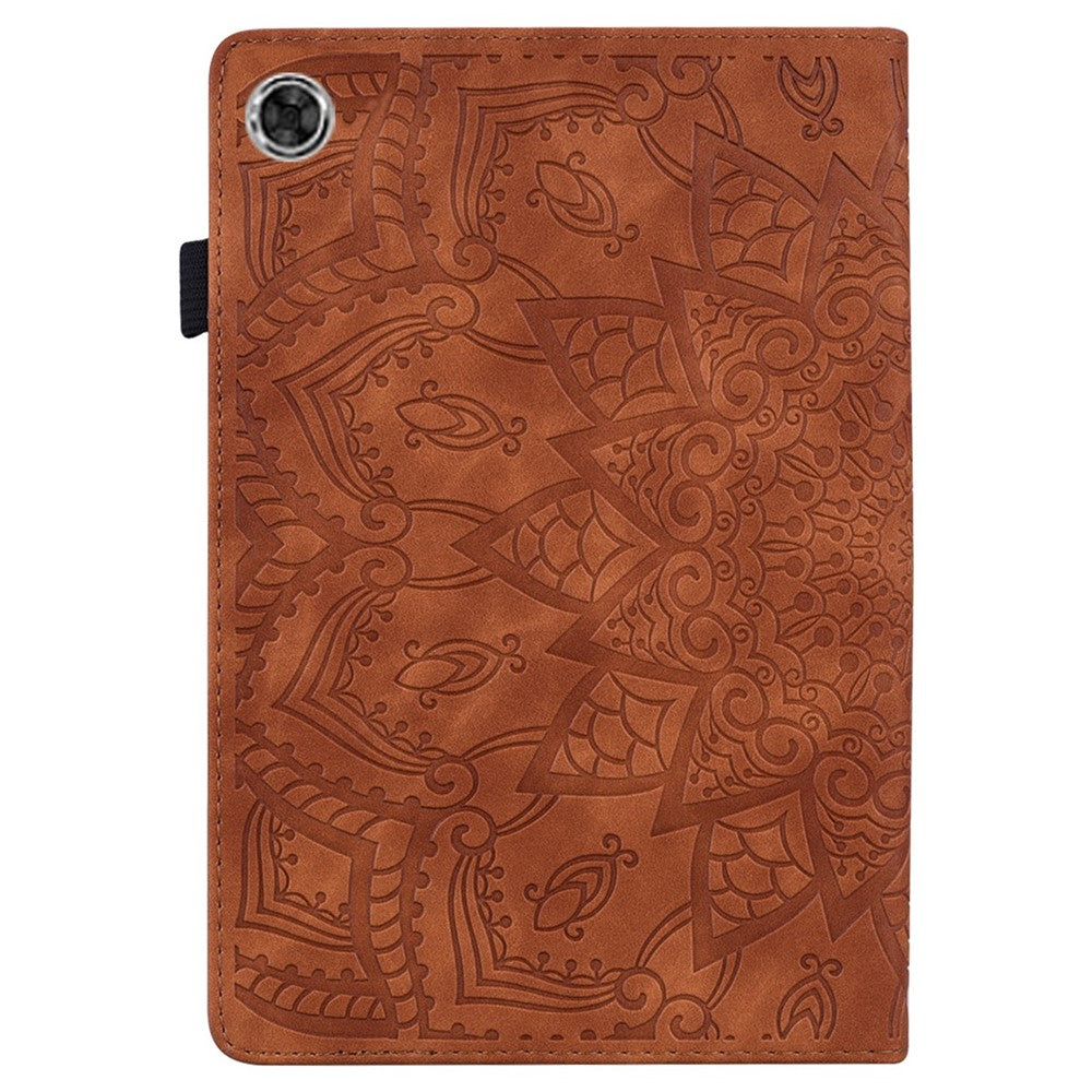 For Lenovo Tab M10 Plus (3rd Gen) Imprinted Flower Pattern Tablet Case PU Leather Card Slot Stand Shell with Pencil Loop - Brown