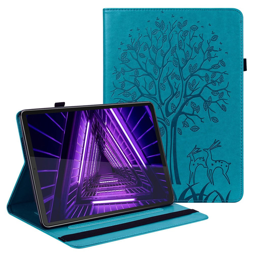 For Lenovo Tab M10 Plus (3rd Gen) Imprinting Tree Deer Pattern Tablet Case PU Leather Card Slots Stand Shell - Blue
