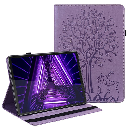 For Lenovo Tab M10 Plus (3rd Gen) Imprinting Tree Deer Pattern Tablet Case PU Leather Card Slots Stand Shell - Purple