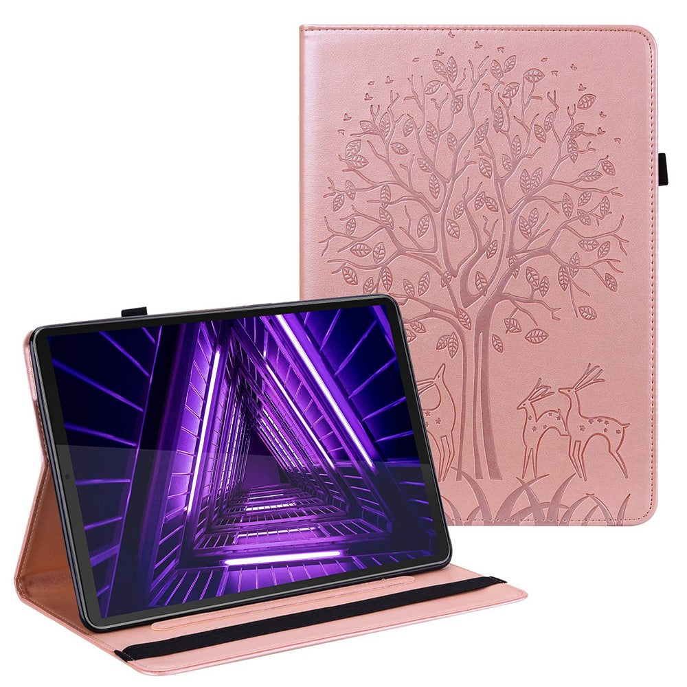For Lenovo Tab M10 Plus (3rd Gen) Imprinting Tree Deer Pattern Tablet Case PU Leather Card Slots Stand Shell - Rose Gold