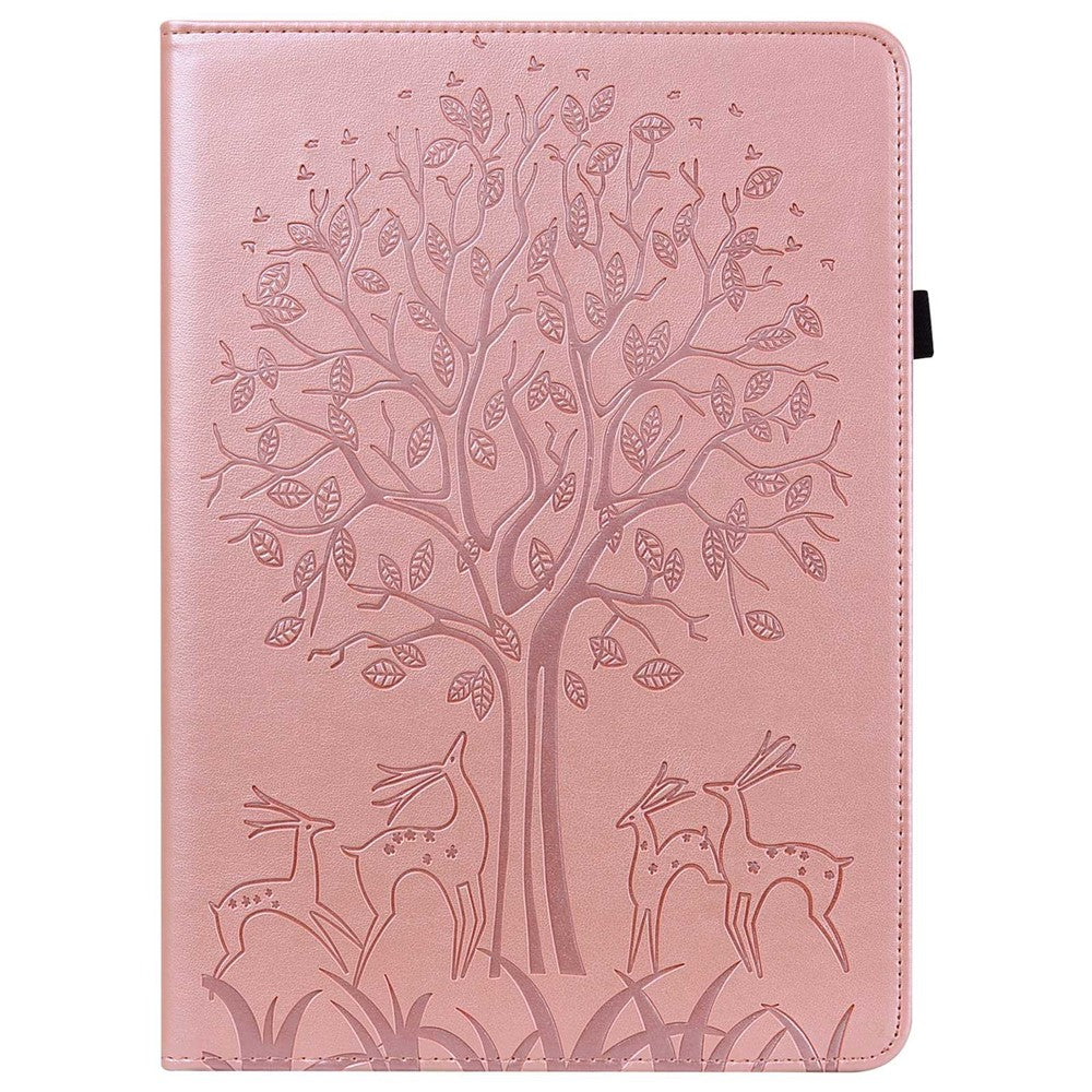 For Lenovo Tab M10 Plus (3rd Gen) Imprinting Tree Deer Pattern Tablet Case PU Leather Card Slots Stand Shell - Rose Gold