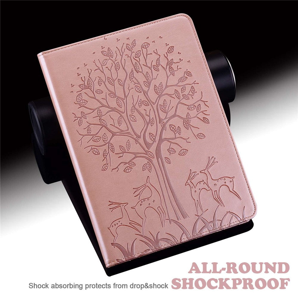 For Lenovo Tab M10 Plus (3rd Gen) Imprinting Tree Deer Pattern Tablet Case PU Leather Card Slots Stand Shell - Rose Gold