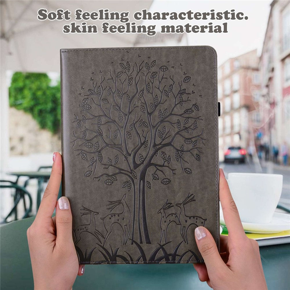 For Lenovo Tab M10 Plus (3rd Gen) Imprinting Tree Deer Pattern Tablet Case PU Leather Card Slots Stand Shell - Grey