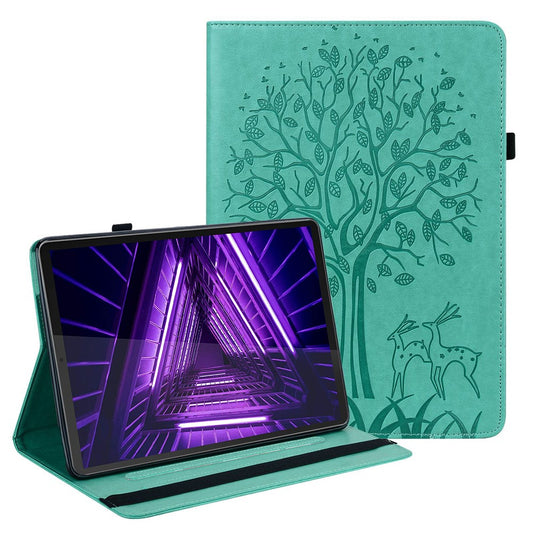 For Lenovo Tab M10 Plus (3rd Gen) Imprinting Tree Deer Pattern Tablet Case PU Leather Card Slots Stand Shell - Green