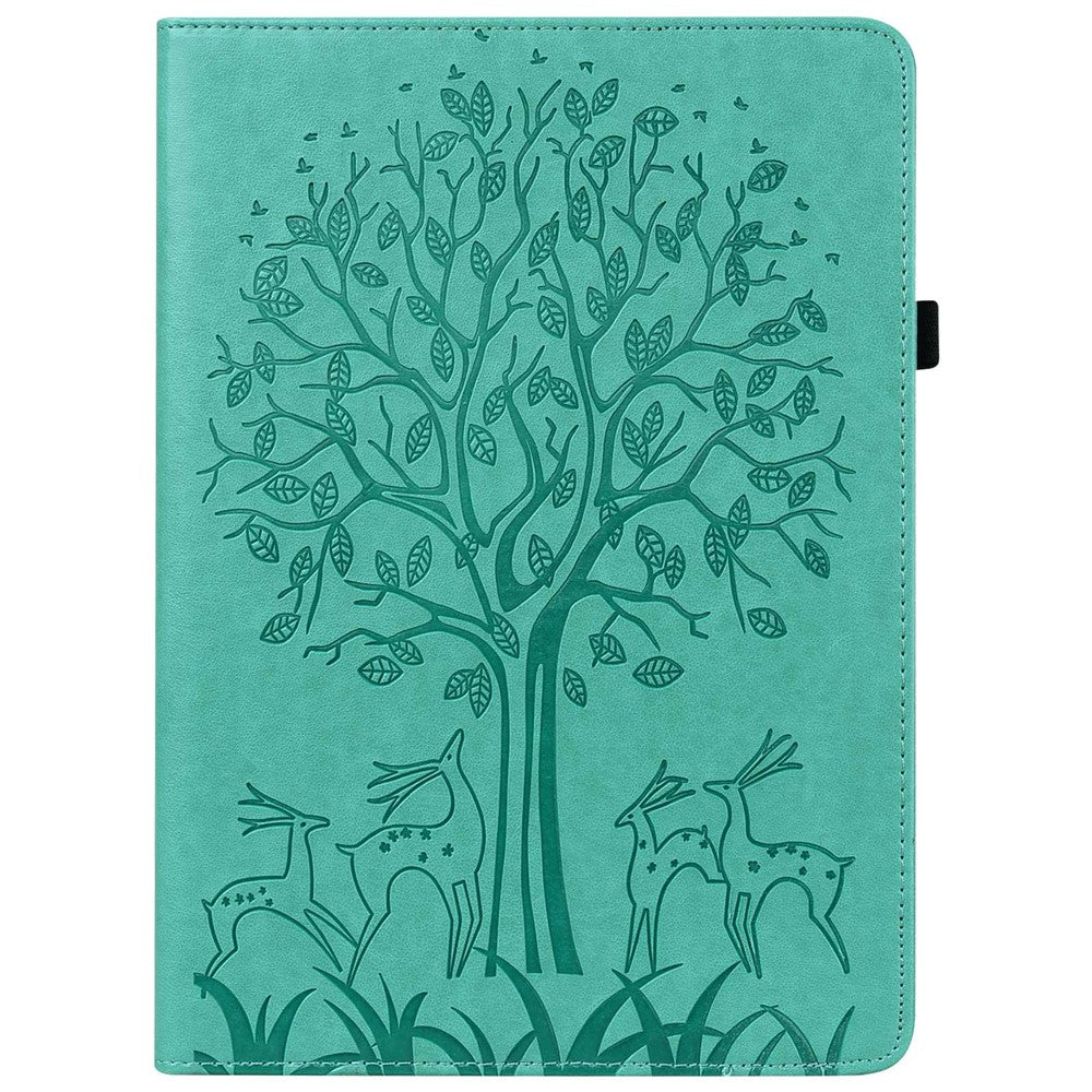 For Lenovo Tab M10 Plus (3rd Gen) Imprinting Tree Deer Pattern Tablet Case PU Leather Card Slots Stand Shell - Green