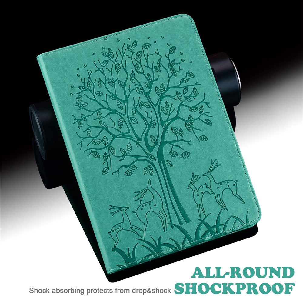 For Lenovo Tab M10 Plus (3rd Gen) Imprinting Tree Deer Pattern Tablet Case PU Leather Card Slots Stand Shell - Green