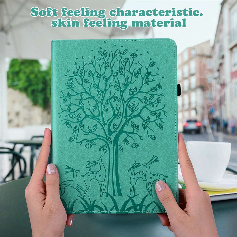 For Lenovo Tab M10 Plus (3rd Gen) Imprinting Tree Deer Pattern Tablet Case PU Leather Card Slots Stand Shell - Green