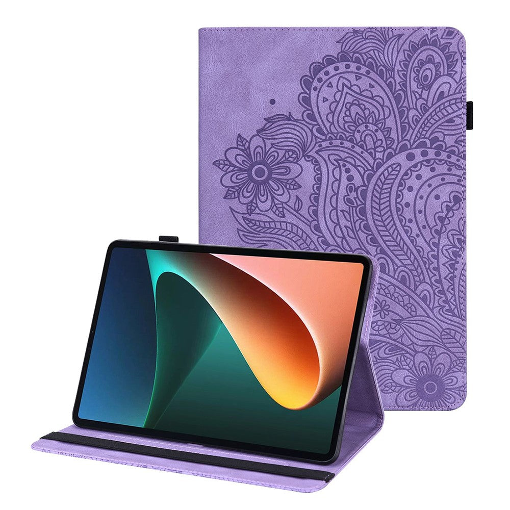 For Lenovo Tab M10 Plus (3rd Gen) / Xiaoxin Pad 2022 10.6 inch Imprinting Flower PU Leather Tablet Case with Card Holder Stand - Purple