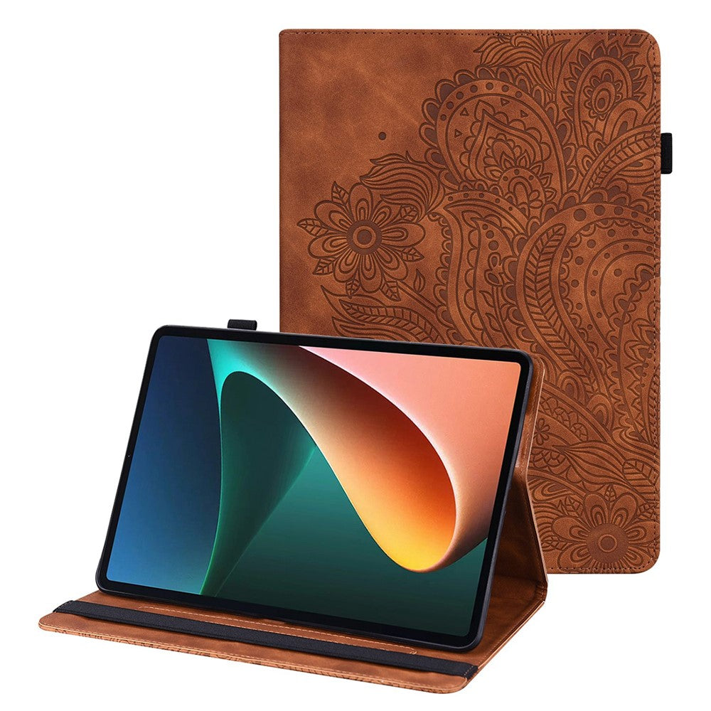 For Lenovo Tab M10 Plus (3rd Gen) / Xiaoxin Pad 2022 10.6 inch Imprinting Flower PU Leather Tablet Case with Card Holder Stand - Brown