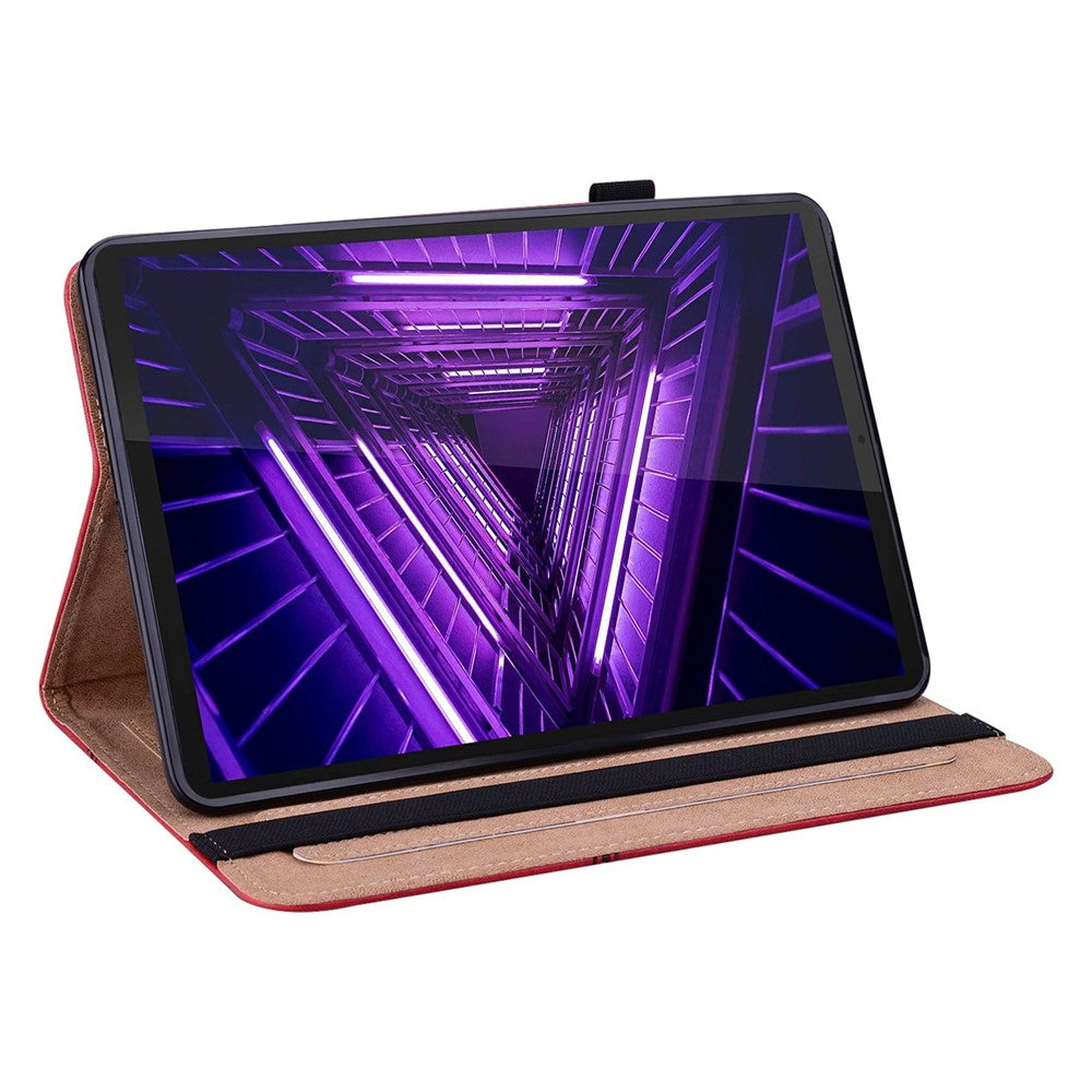 For Lenovo Tab M10 Plus (3rd Gen) / Xiaoxin Pad 2022 10.6 inch Line Imprinted PU Leather Card Holder Tablet Case with Elastic Band Closure - Red