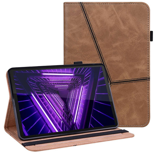 For Lenovo Tab M10 Plus (3rd Gen) / Xiaoxin Pad 2022 10.6 inch Line Imprinted PU Leather Card Holder Tablet Case with Elastic Band Closure - Brown