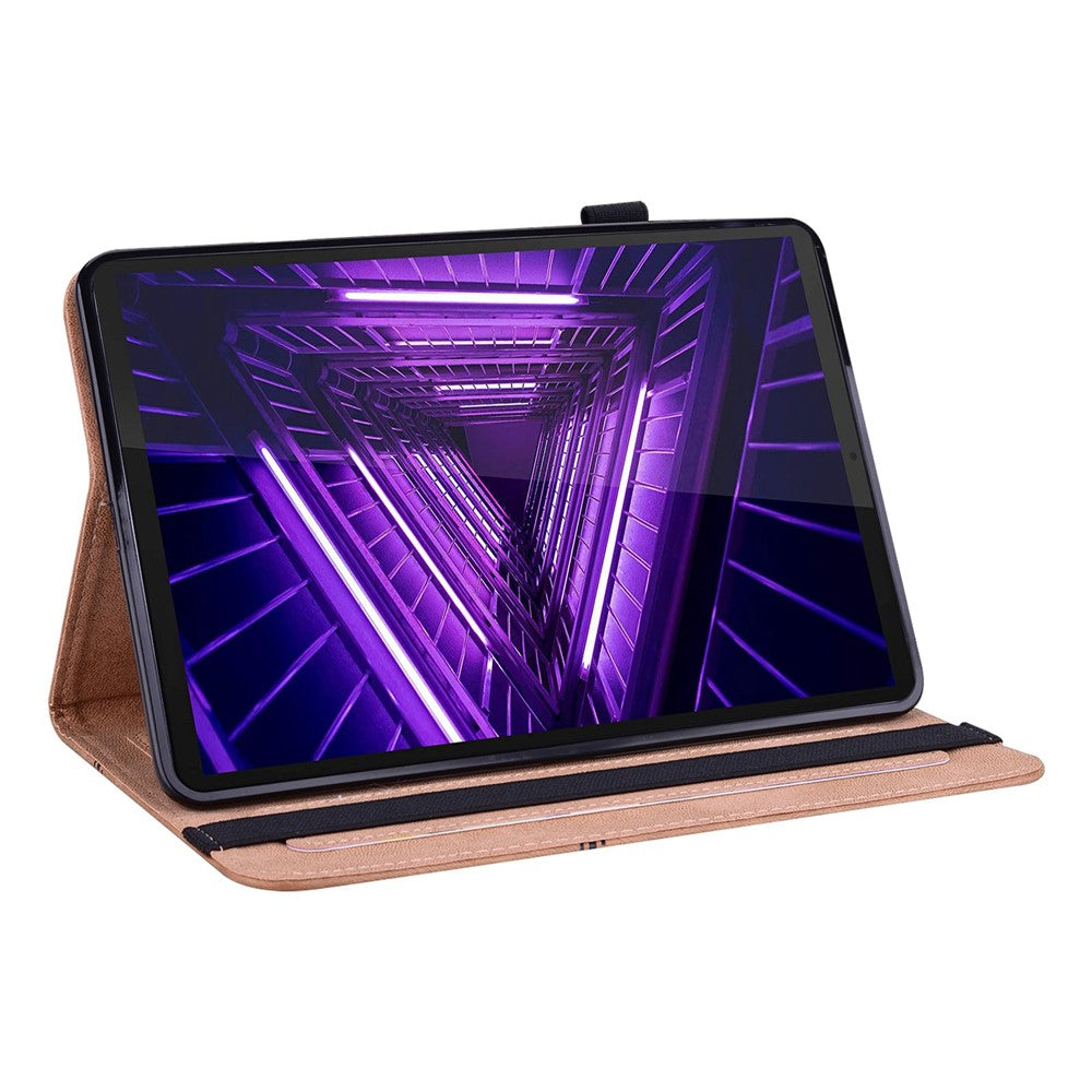 For Lenovo Tab M10 Plus (3rd Gen) / Xiaoxin Pad 2022 10.6 inch Line Imprinted PU Leather Card Holder Tablet Case with Elastic Band Closure - Brown