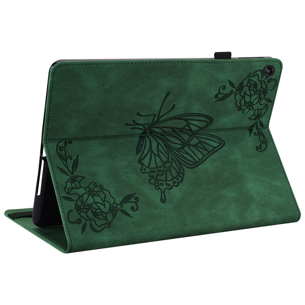 For Lenovo Tab M10 Plus (3rd Gen) Butterfly Flower Imprinted Card Slot PU Leather Tablet Case Stand Cover with Elastic Band - Green