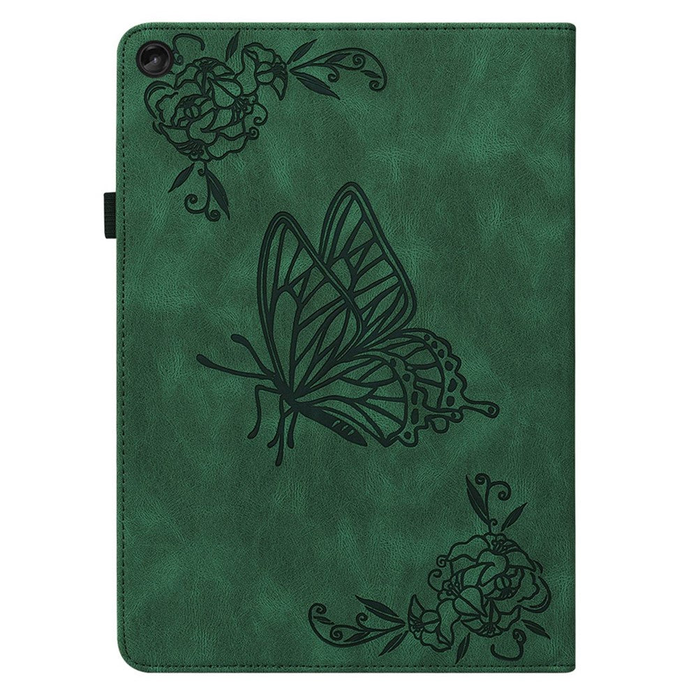 For Lenovo Tab M10 Plus (3rd Gen) Butterfly Flower Imprinted Card Slot PU Leather Tablet Case Stand Cover with Elastic Band - Green