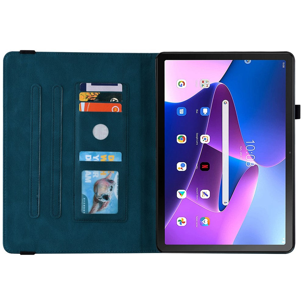 For Lenovo Tab M10 Plus (3rd Gen) Butterfly Flower Imprinted Card Slot PU Leather Tablet Case Stand Cover with Elastic Band - Blue