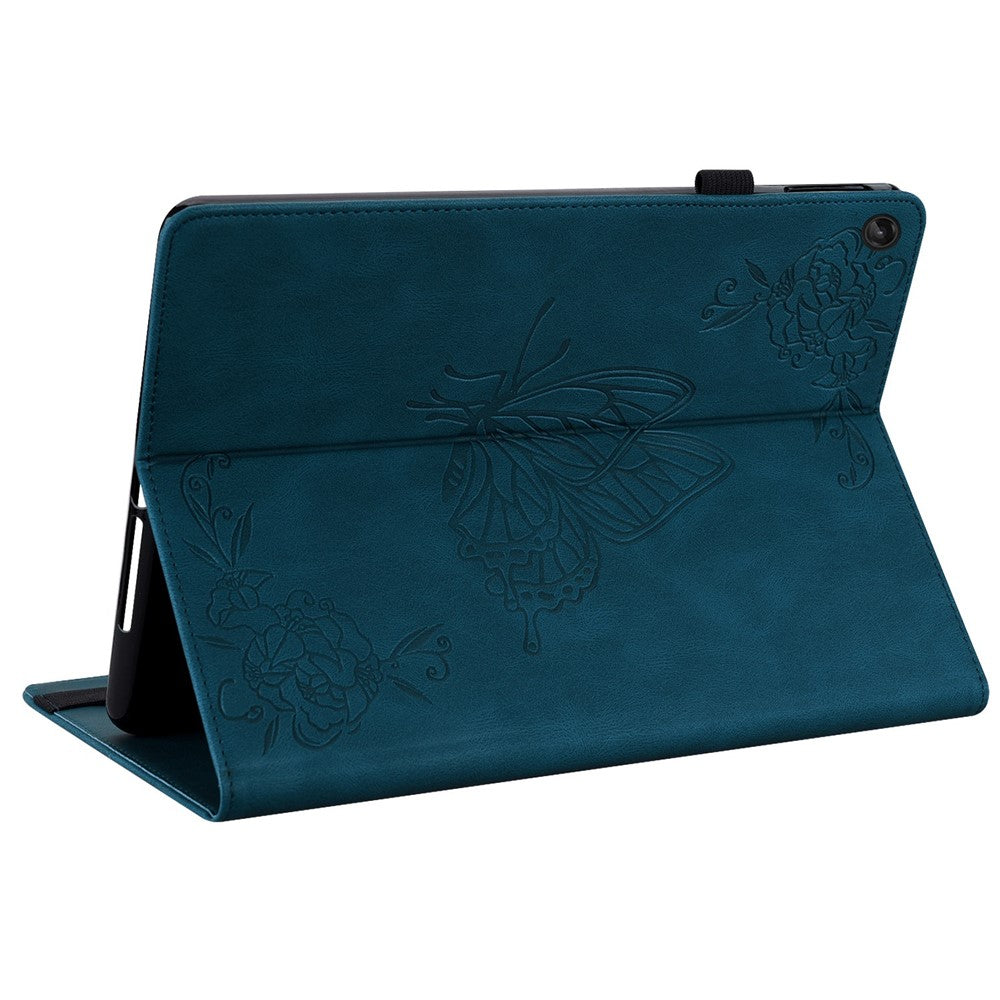 For Lenovo Tab M10 Plus (3rd Gen) Butterfly Flower Imprinted Card Slot PU Leather Tablet Case Stand Cover with Elastic Band - Blue