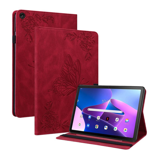 For Lenovo Tab M10 Plus (3rd Gen) Butterfly Flower Imprinted Card Slot PU Leather Tablet Case Stand Cover with Elastic Band - Red