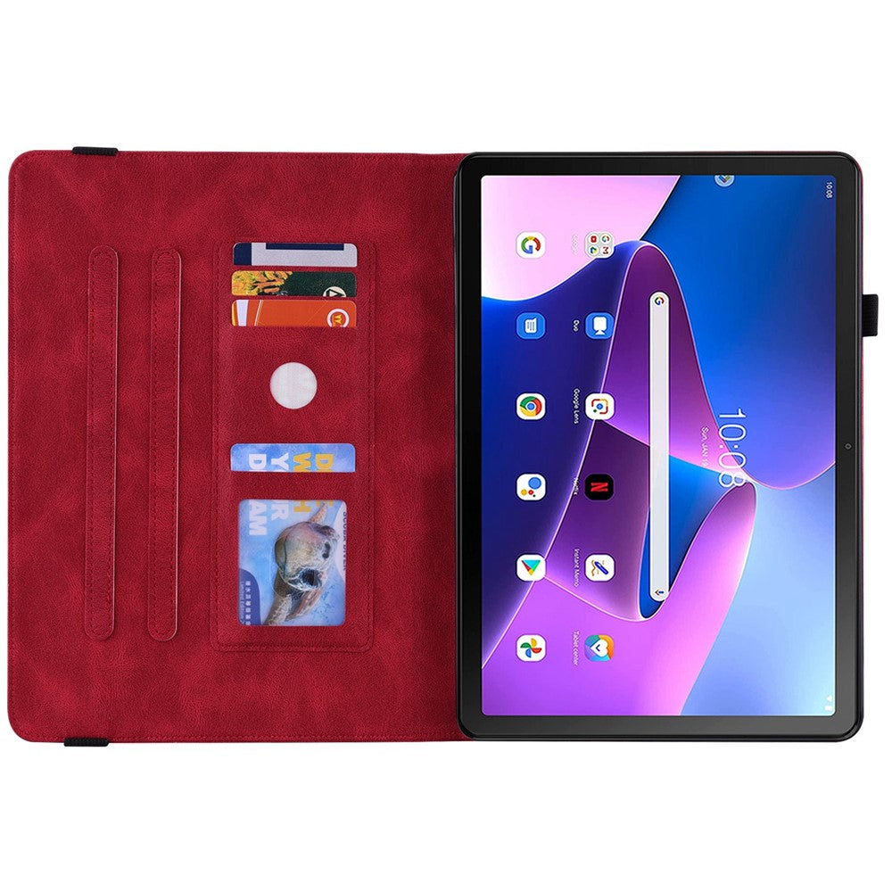 For Lenovo Tab M10 Plus (3rd Gen) Butterfly Flower Imprinted Card Slot PU Leather Tablet Case Stand Cover with Elastic Band - Red