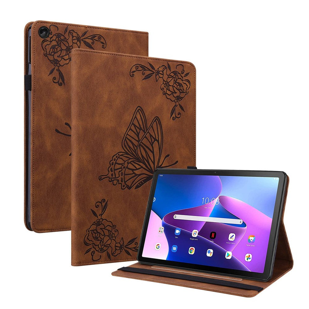 For Lenovo Tab M10 Plus (3rd Gen) Butterfly Flower Imprinted Card Slot PU Leather Tablet Case Stand Cover with Elastic Band - Brown