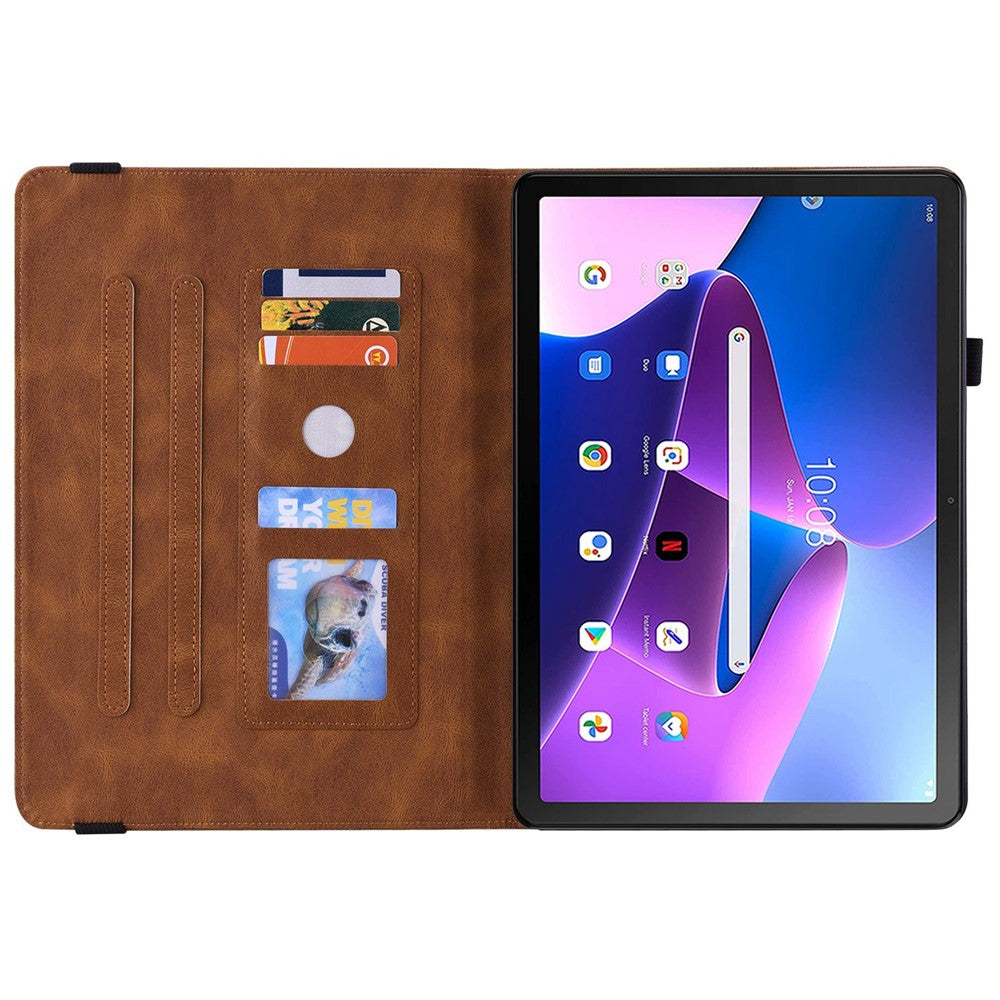 For Lenovo Tab M10 Plus (3rd Gen) Butterfly Flower Imprinted Card Slot PU Leather Tablet Case Stand Cover with Elastic Band - Brown
