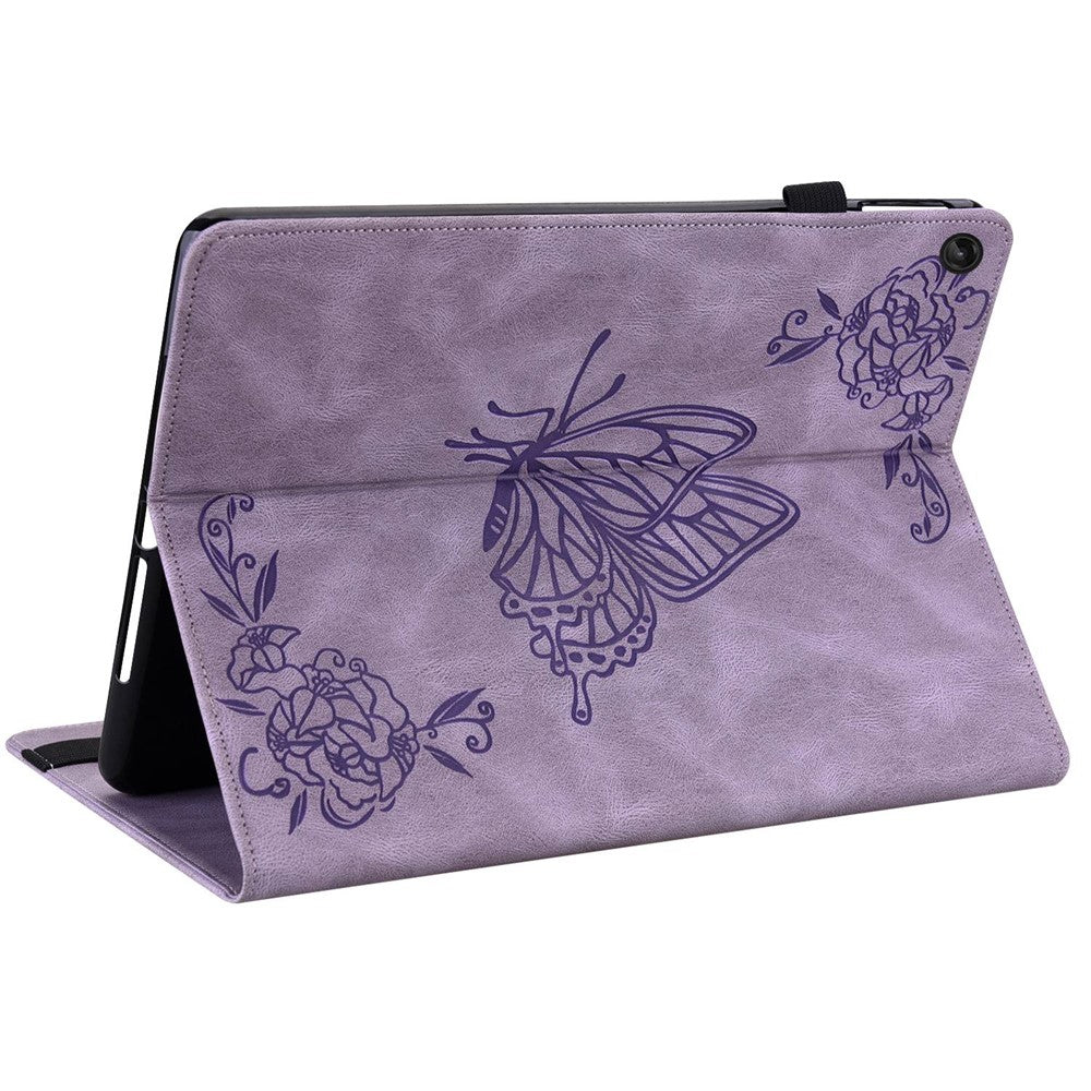 For Lenovo Tab M10 Plus (3rd Gen) Butterfly Flower Imprinted Card Slot PU Leather Tablet Case Stand Cover with Elastic Band - Purple