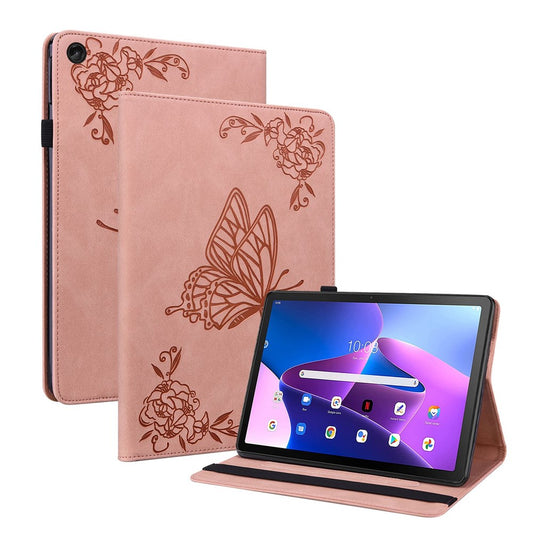 For Lenovo Tab M10 Plus (3rd Gen) Butterfly Flower Imprinted Card Slot PU Leather Tablet Case Stand Cover with Elastic Band - Pink