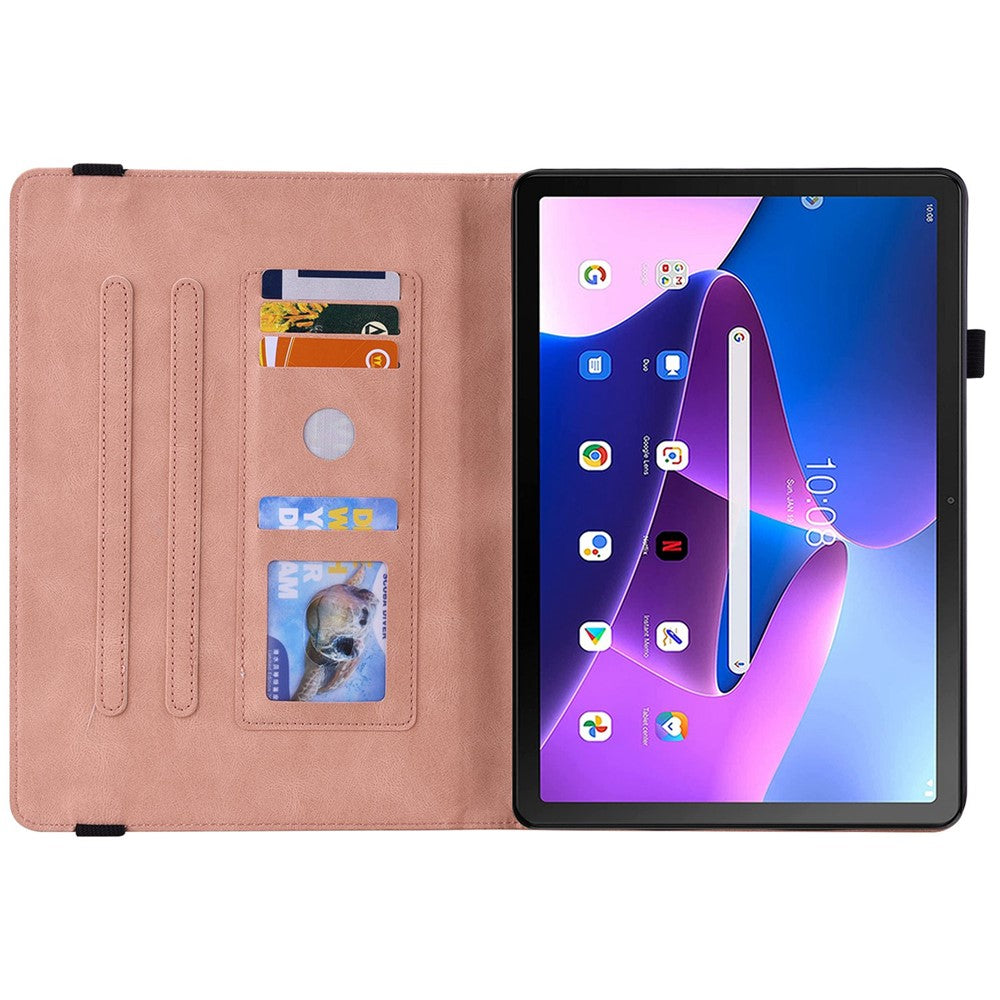 For Lenovo Tab M10 Plus (3rd Gen) Butterfly Flower Imprinted Card Slot PU Leather Tablet Case Stand Cover with Elastic Band - Pink