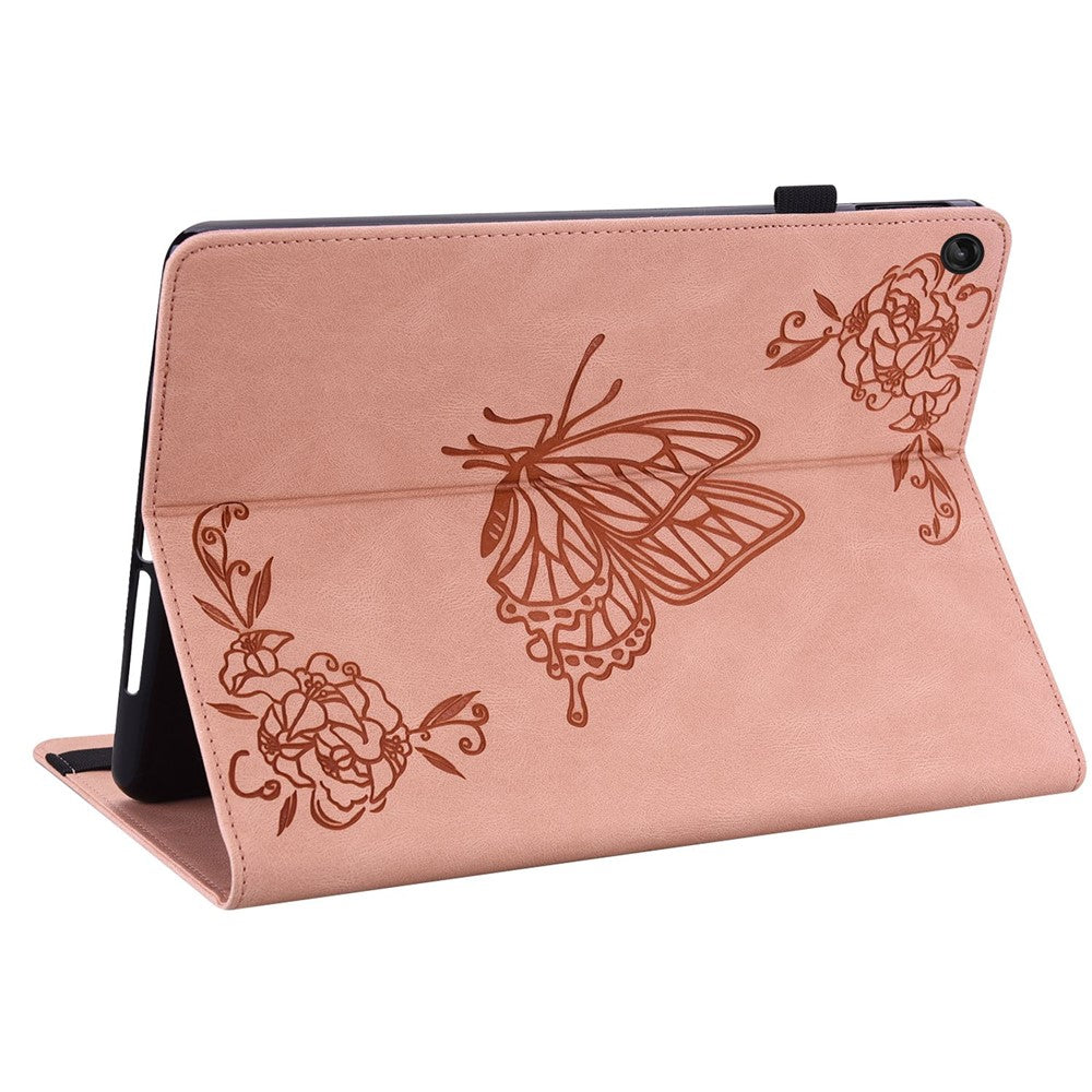 For Lenovo Tab M10 Plus (3rd Gen) Butterfly Flower Imprinted Card Slot PU Leather Tablet Case Stand Cover with Elastic Band - Pink