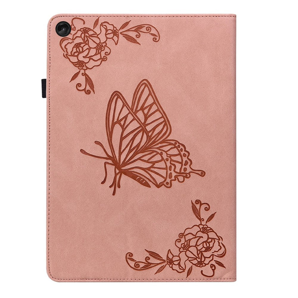 For Lenovo Tab M10 Plus (3rd Gen) Butterfly Flower Imprinted Card Slot PU Leather Tablet Case Stand Cover with Elastic Band - Pink