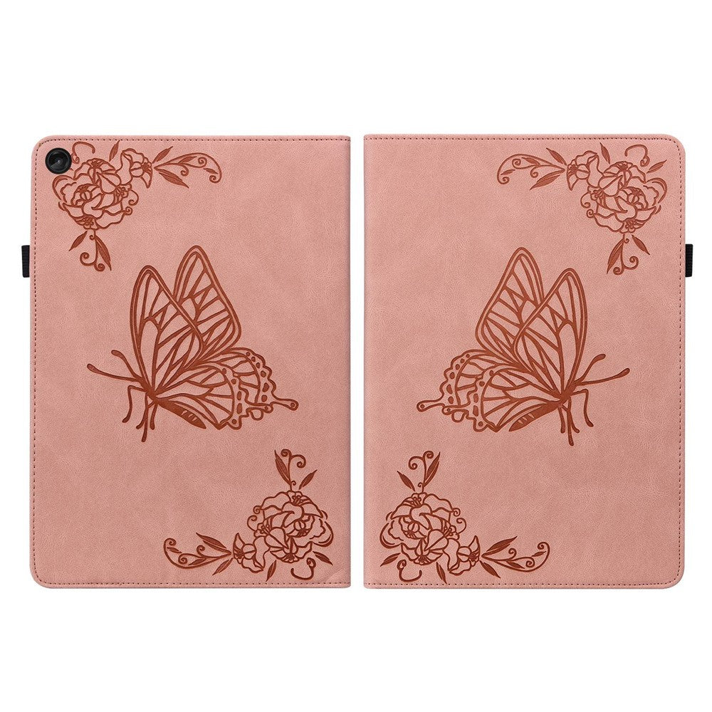 For Lenovo Tab M10 Plus (3rd Gen) Butterfly Flower Imprinted Card Slot PU Leather Tablet Case Stand Cover with Elastic Band - Pink