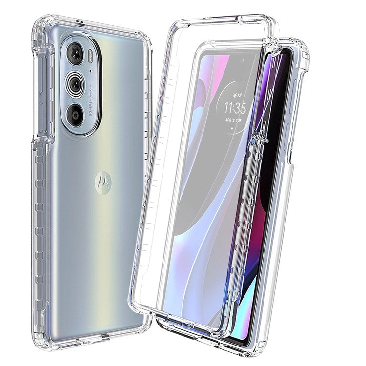 For Motorola Edge 30 Pro (Motorola Edge+ (2022)) 3-in-1 PC+TPU Hybrid Shockproof Anti-fall Gradient Case Phone Shell with PET Screen Protector - Transparent