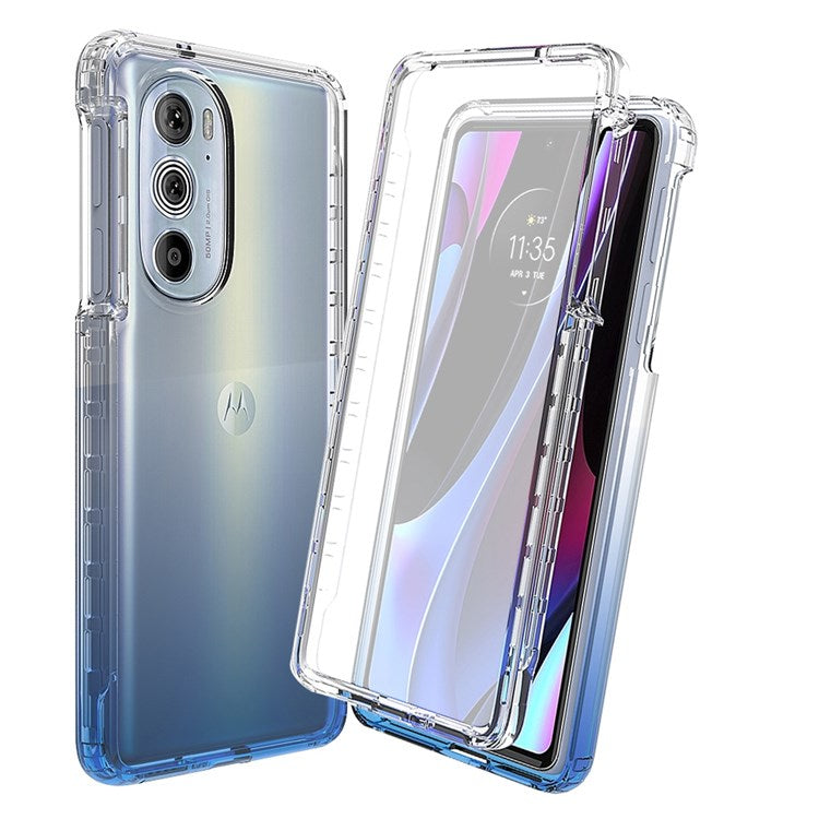 For Motorola Edge 30 Pro (Motorola Edge+ (2022)) 3-in-1 PC+TPU Hybrid Shockproof Anti-fall Gradient Case Phone Shell with PET Screen Protector - Blue