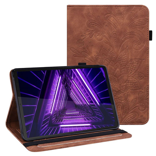 For Lenovo Tab M10 Plus (3rd Gen) / Xiaoxin Pad 2022 10.6 inch Flower Imprinting PU Leather Inner TPU Tablet Case Stand Wallet Cover - Brown