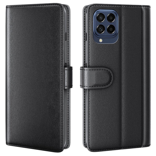 For Samsung Galaxy M53 5G Case Genuine Split Leather Phone Cover with Wallet Stand - Black